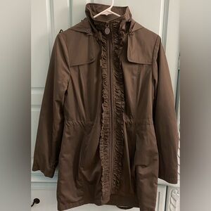 Tahari Chocolate Brown Zipper Ruffle Detailed Coat S